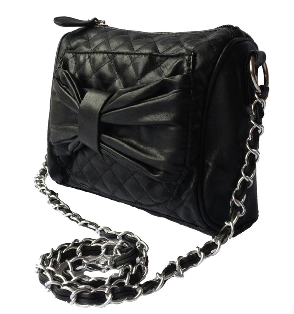 Ladies small handbag with long silver chain strap and quilted bow effect front | One Look Clothing